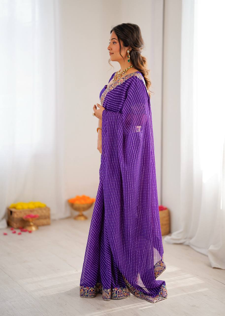 Pretty Purple Color Sequins Embroidered Bandhani Print Saree