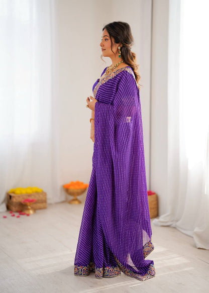 Pretty Purple Color Sequins Embroidered Bandhani Print Saree