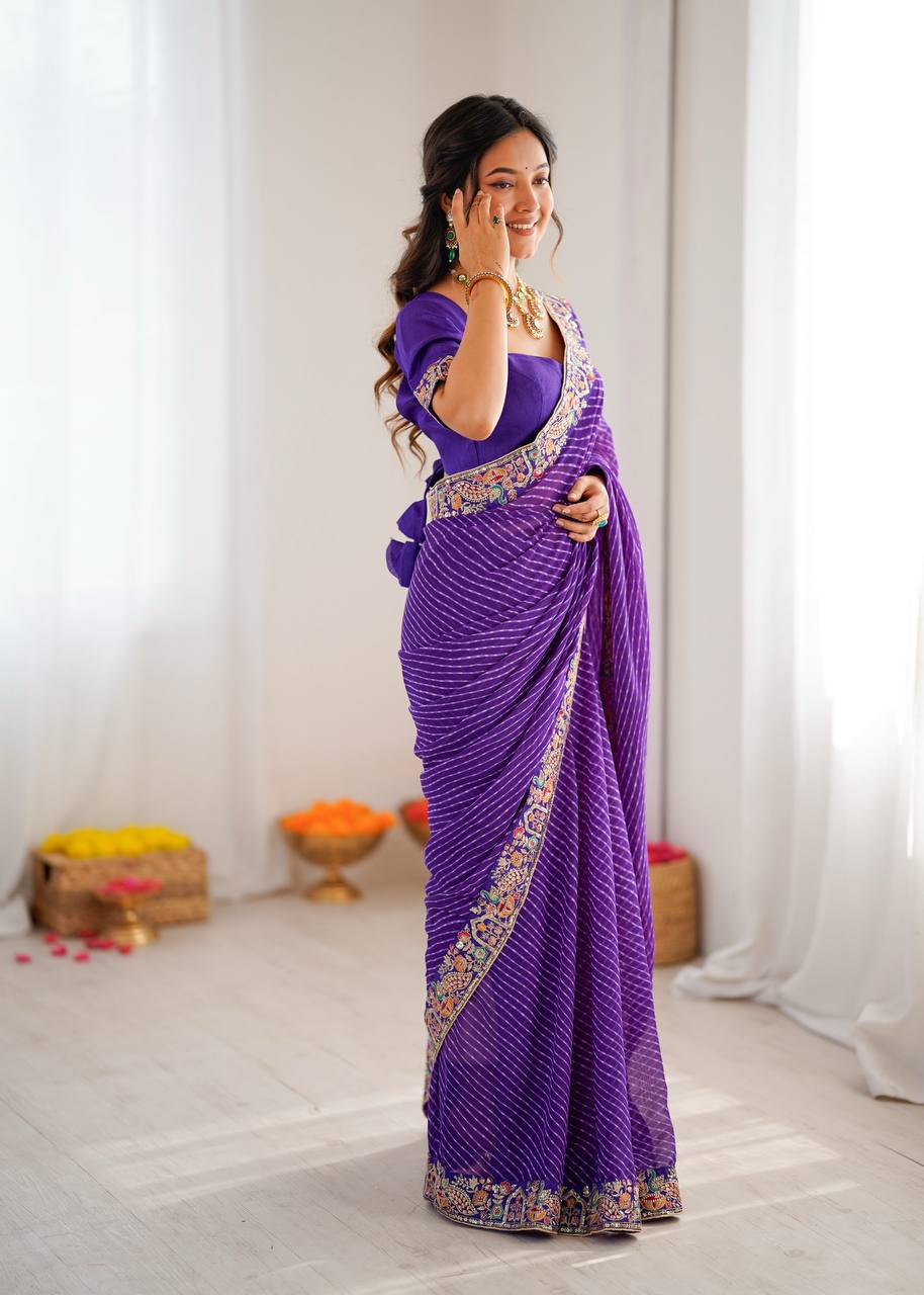 Pretty Purple Color Sequins Embroidered Bandhani Print Saree