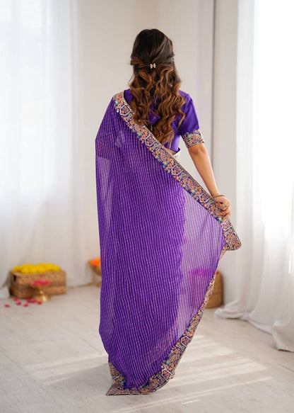 Pretty Purple Color Sequins Embroidered Bandhani Print Saree