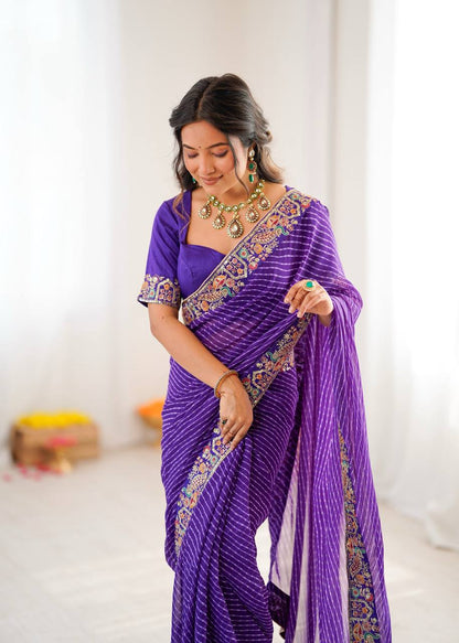 Pretty Purple Color Sequins Embroidered Bandhani Print Saree