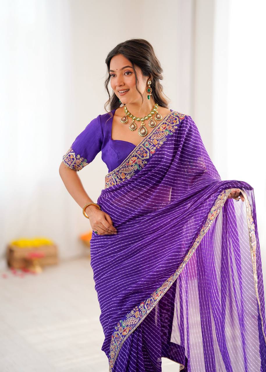 Pretty Purple Color Sequins Embroidered Bandhani Print Saree