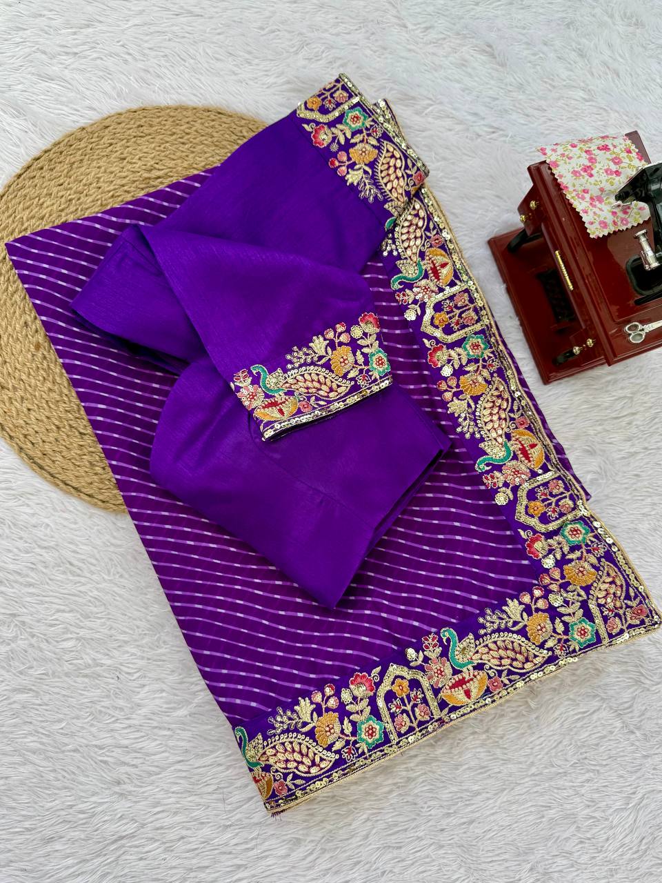 Pretty Purple Color Sequins Embroidered Bandhani Print Saree