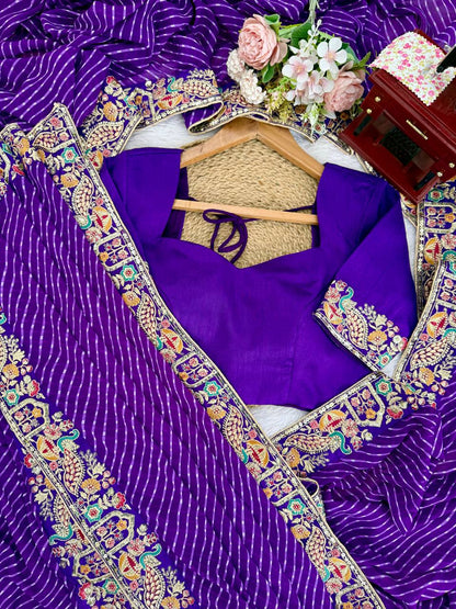 Pretty Purple Color Sequins Embroidered Bandhani Print Saree