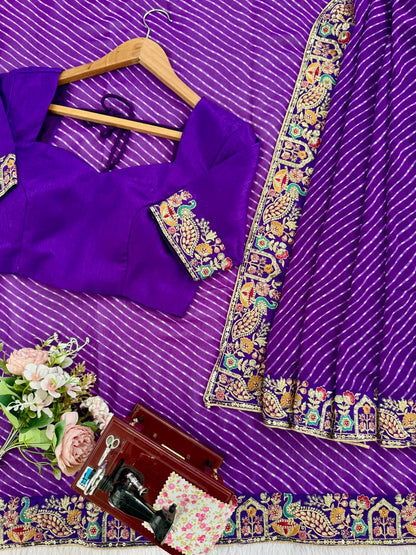 Pretty Purple Color Sequins Embroidered Bandhani Print Saree