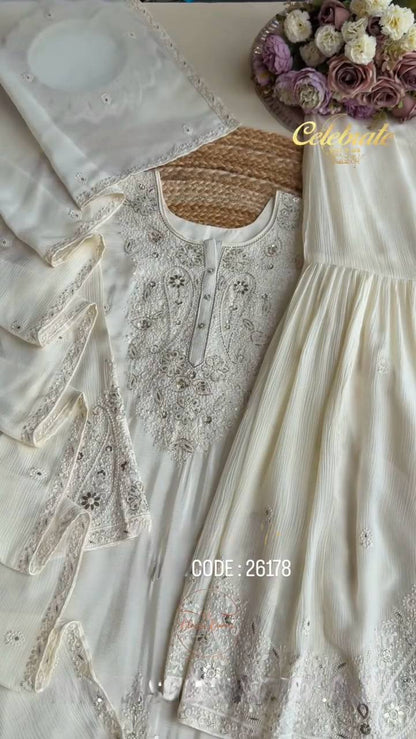 Designer White Color Embroidered Sharara Suit