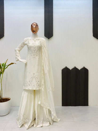 Designer White Color Embroidered Sharara Suit