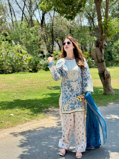 Functions Wear Blue Color Pure Natural Crepe And Digital Print With Delicate Embroidery Work Palazzo Suit