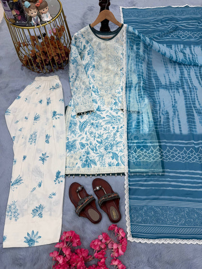 Functions Wear Blue Color Pure Natural Crepe And Digital Print With Delicate Embroidery Work Palazzo Suit