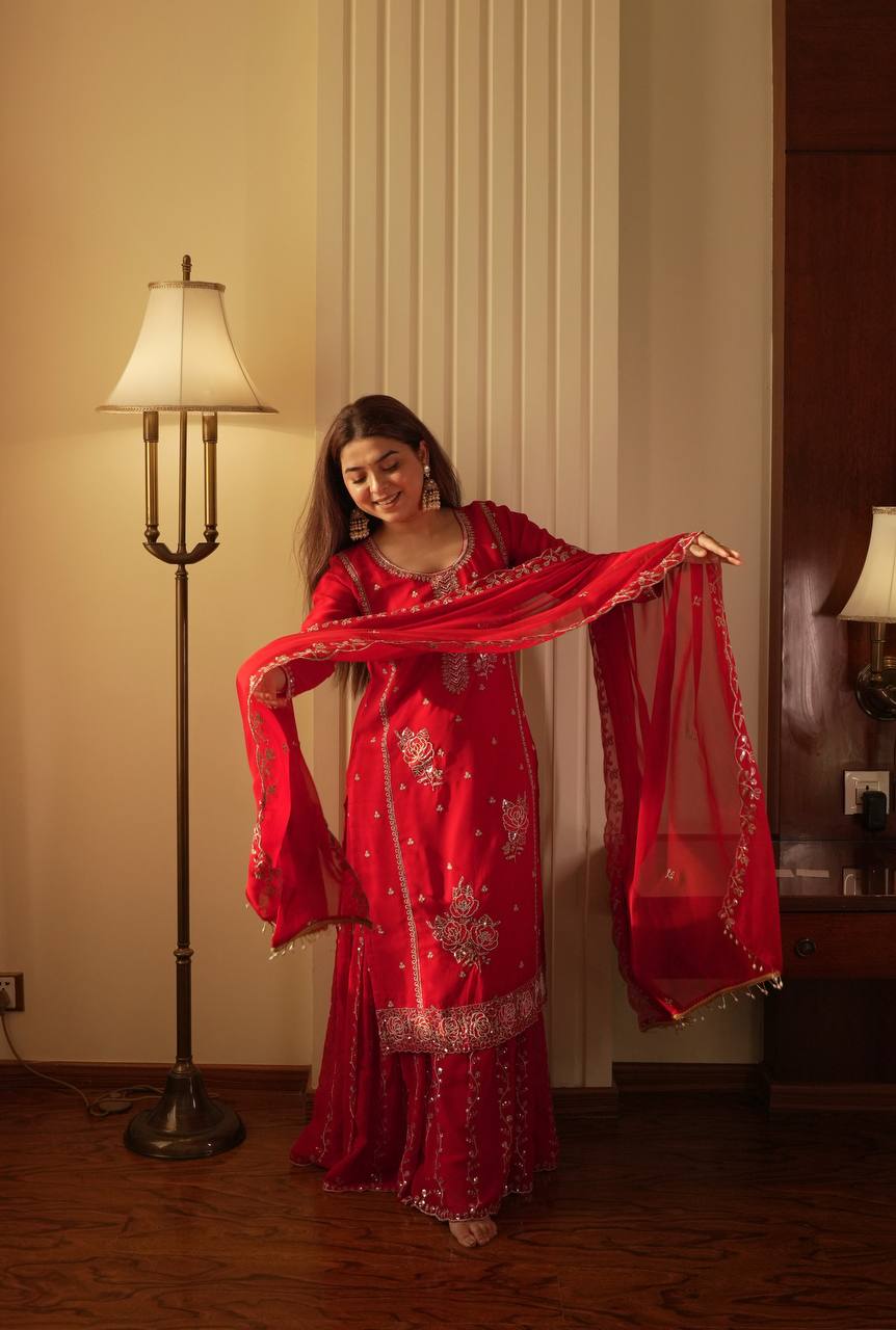 Charming Red Color Faux Georgette Sequence Embroidered Sharara Suit