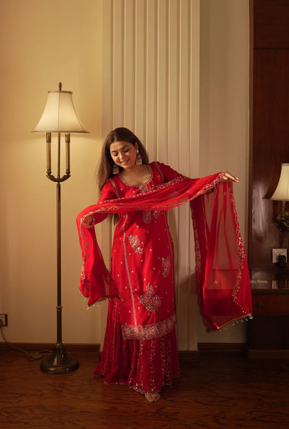 Charming Red Color Faux Georgette Sequence Embroidered Sharara Suit
