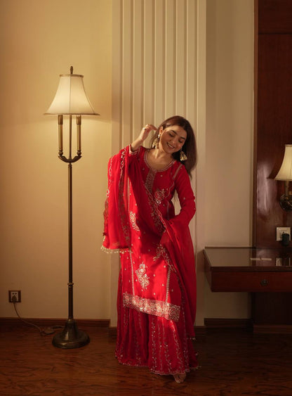 Charming Red Color Faux Georgette Sequence Embroidered Sharara Suit