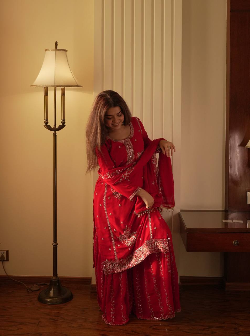 Charming Red Color Faux Georgette Sequence Embroidered Sharara Suit