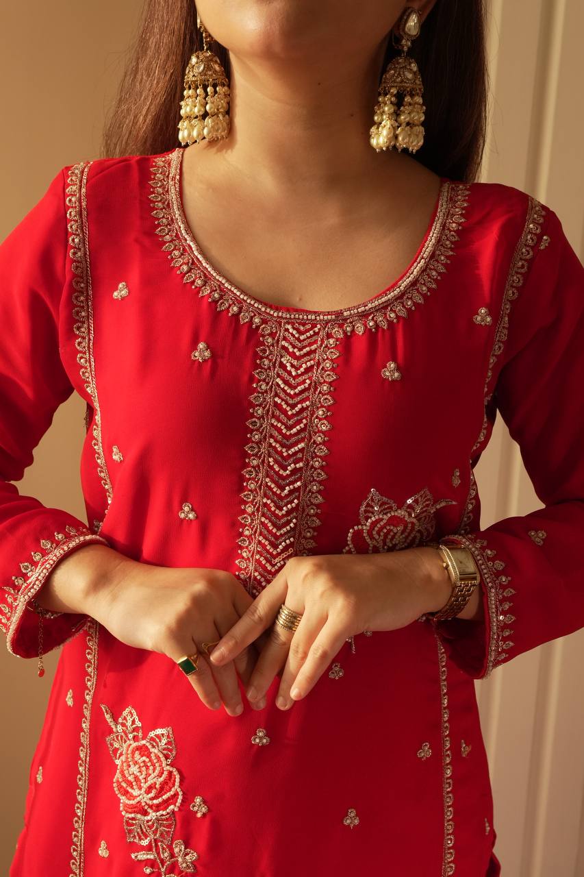 Charming Red Color Faux Georgette Sequence Embroidered Sharara Suit