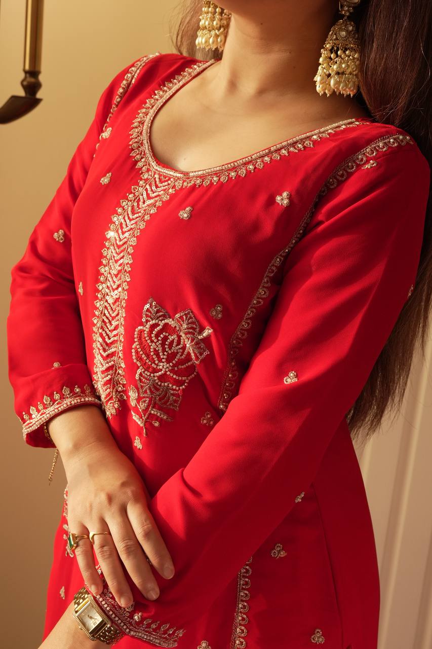 Charming Red Color Faux Georgette Sequence Embroidered Sharara Suit