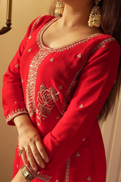 Charming Red Color Faux Georgette Sequence Embroidered Sharara Suit