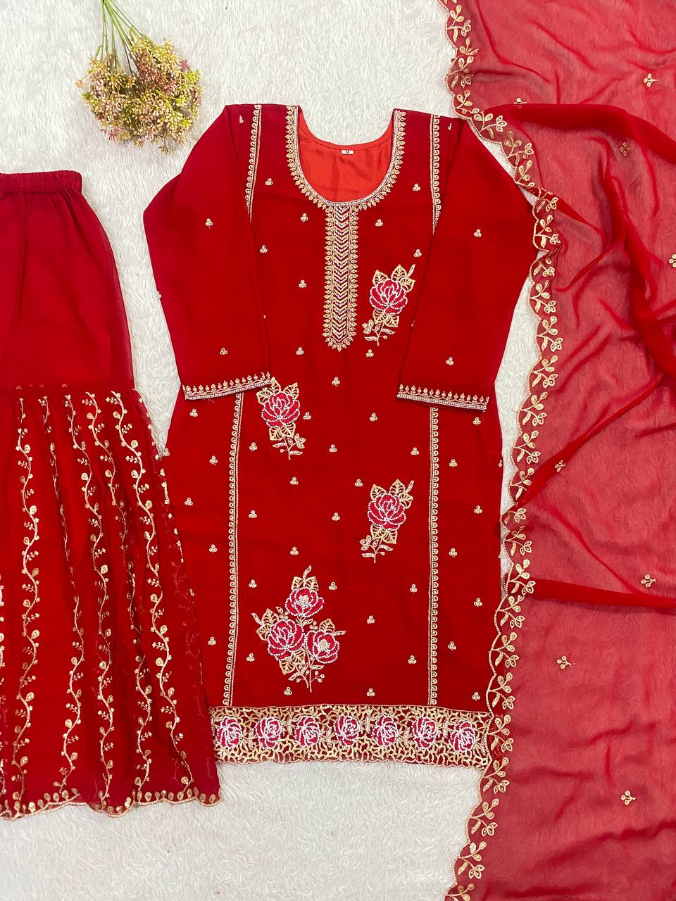 Charming Red Color Faux Georgette Sequence Embroidered Sharara Suit