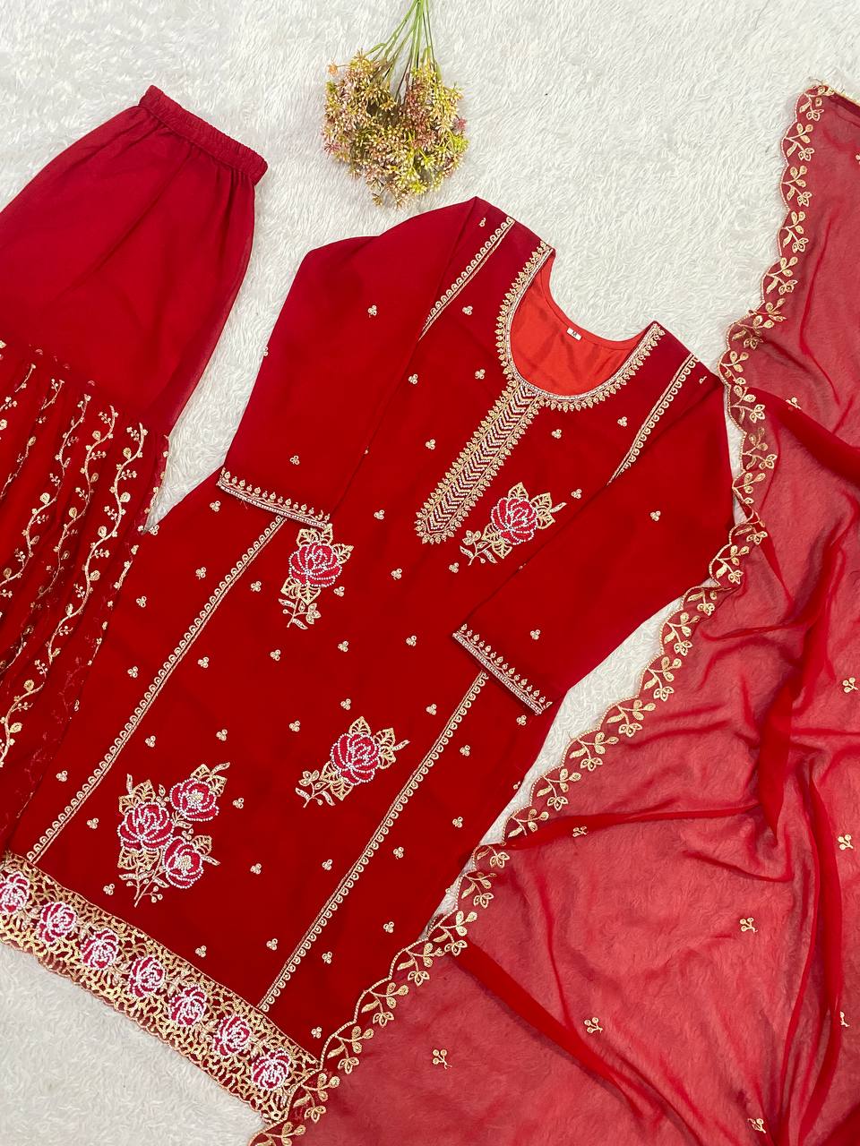 Charming Red Color Faux Georgette Sequence Embroidered Sharara Suit