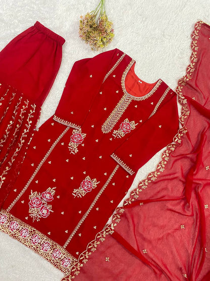 Charming Red Color Faux Georgette Sequence Embroidered Sharara Suit