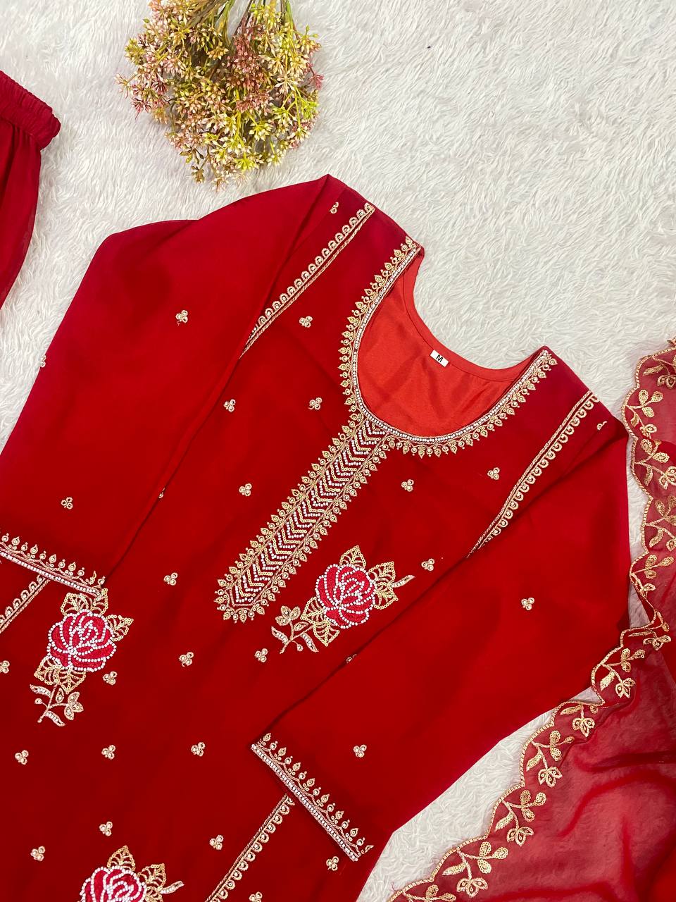 Charming Red Color Faux Georgette Sequence Embroidered Sharara Suit