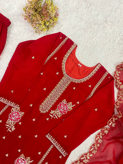 Charming Red Color Faux Georgette Sequence Embroidered Sharara Suit
