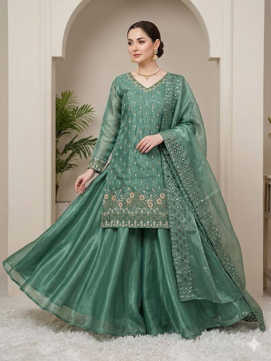 Designer Green Color Beads With Embroidered Work Palazzo Suit