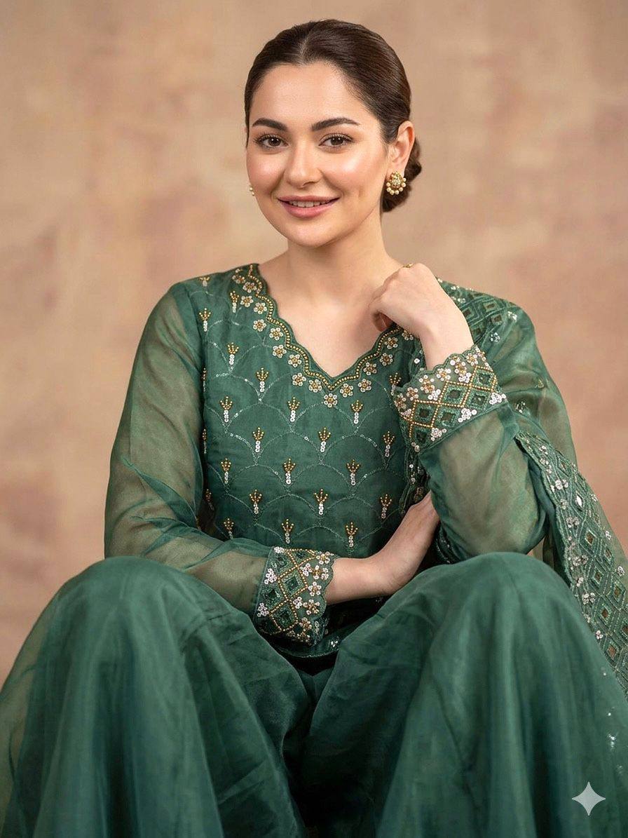 Designer Green Color Beads With Embroidered Work Palazzo Suit