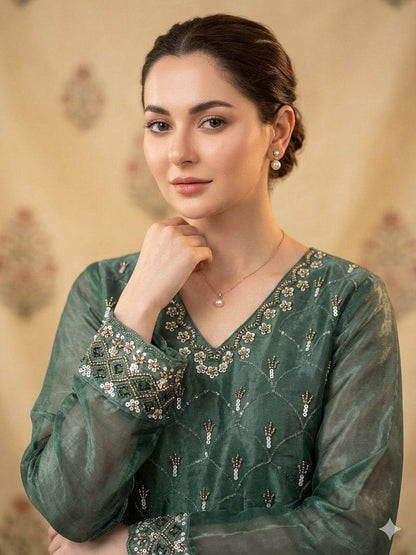 Designer Green Color Beads With Embroidered Work Palazzo Suit