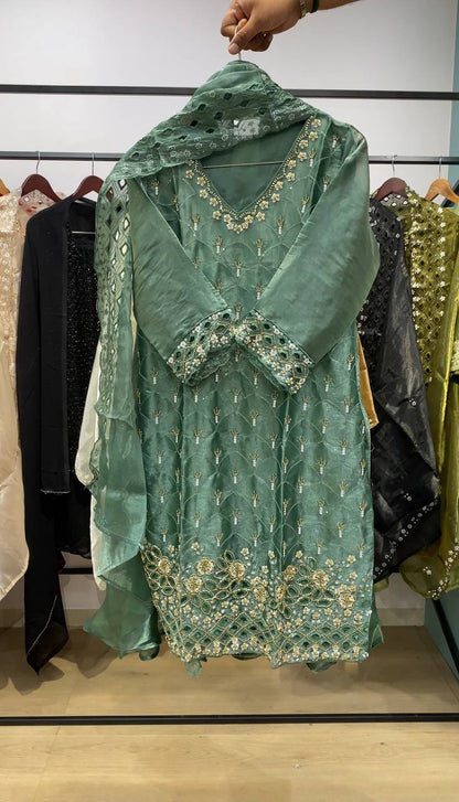 Designer Green Color Beads With Embroidered Work Palazzo Suit