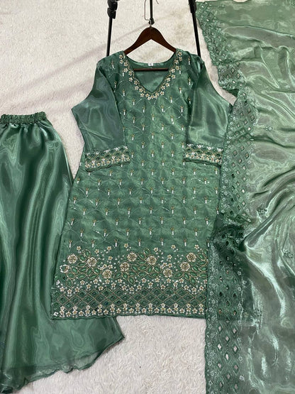 Designer Green Color Beads With Embroidered Work Palazzo Suit