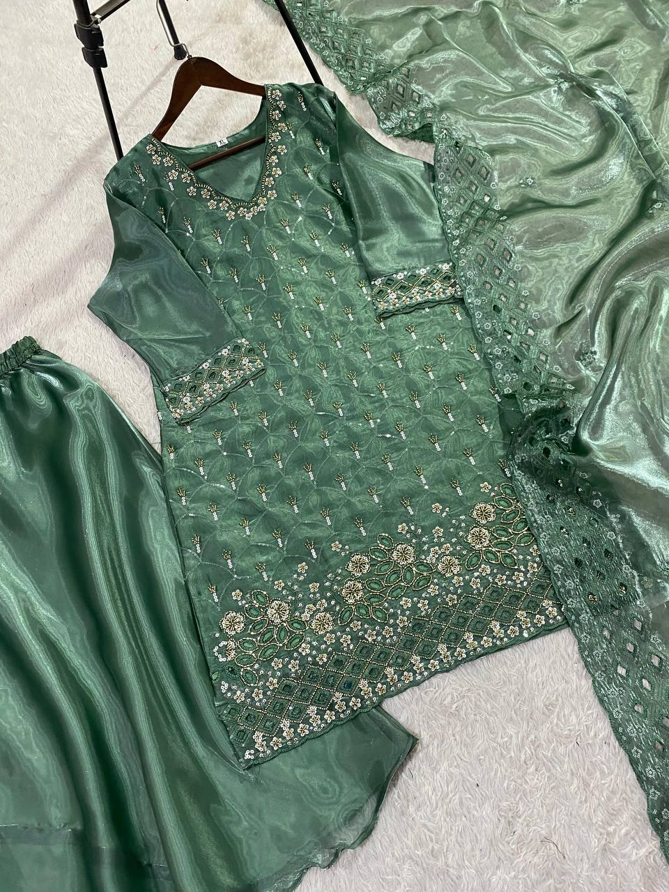 Designer Green Color Beads With Embroidered Work Palazzo Suit