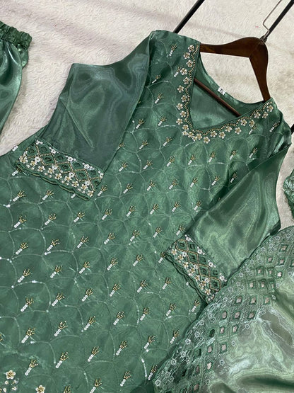 Designer Green Color Beads With Embroidered Work Palazzo Suit