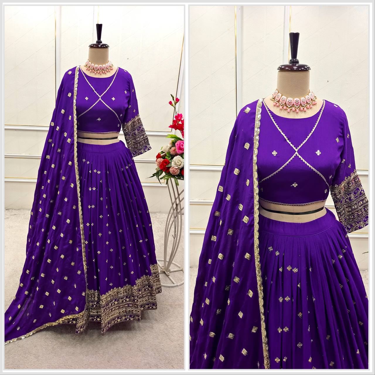 Exclusive Purple Color Pure Chinon Silk With Heavy Embroidery With Sequence Work Lehenga Choli