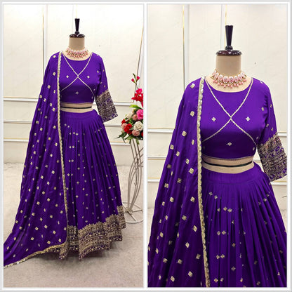 Exclusive Purple Color Pure Chinon Silk With Heavy Embroidery With Sequence Work Lehenga Choli