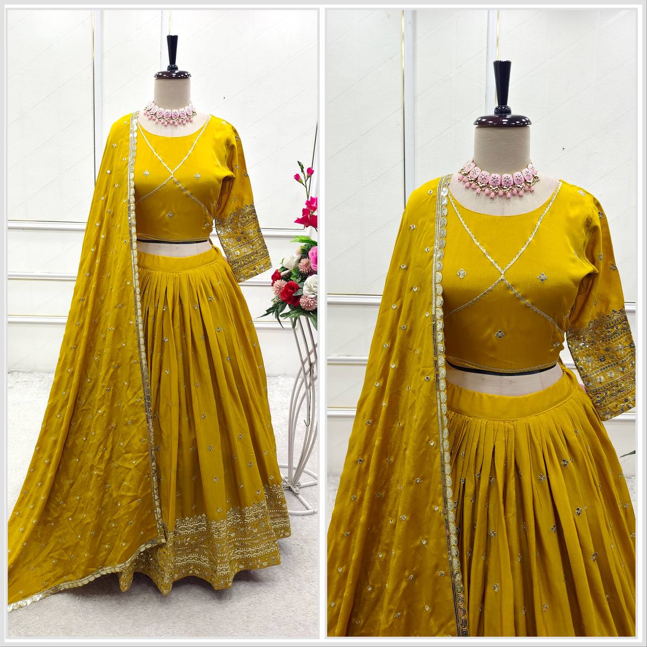 Exclusive Yellow Color Pure Chinon Silk With Heavy Embroidery With Sequence Work Lehenga Choli