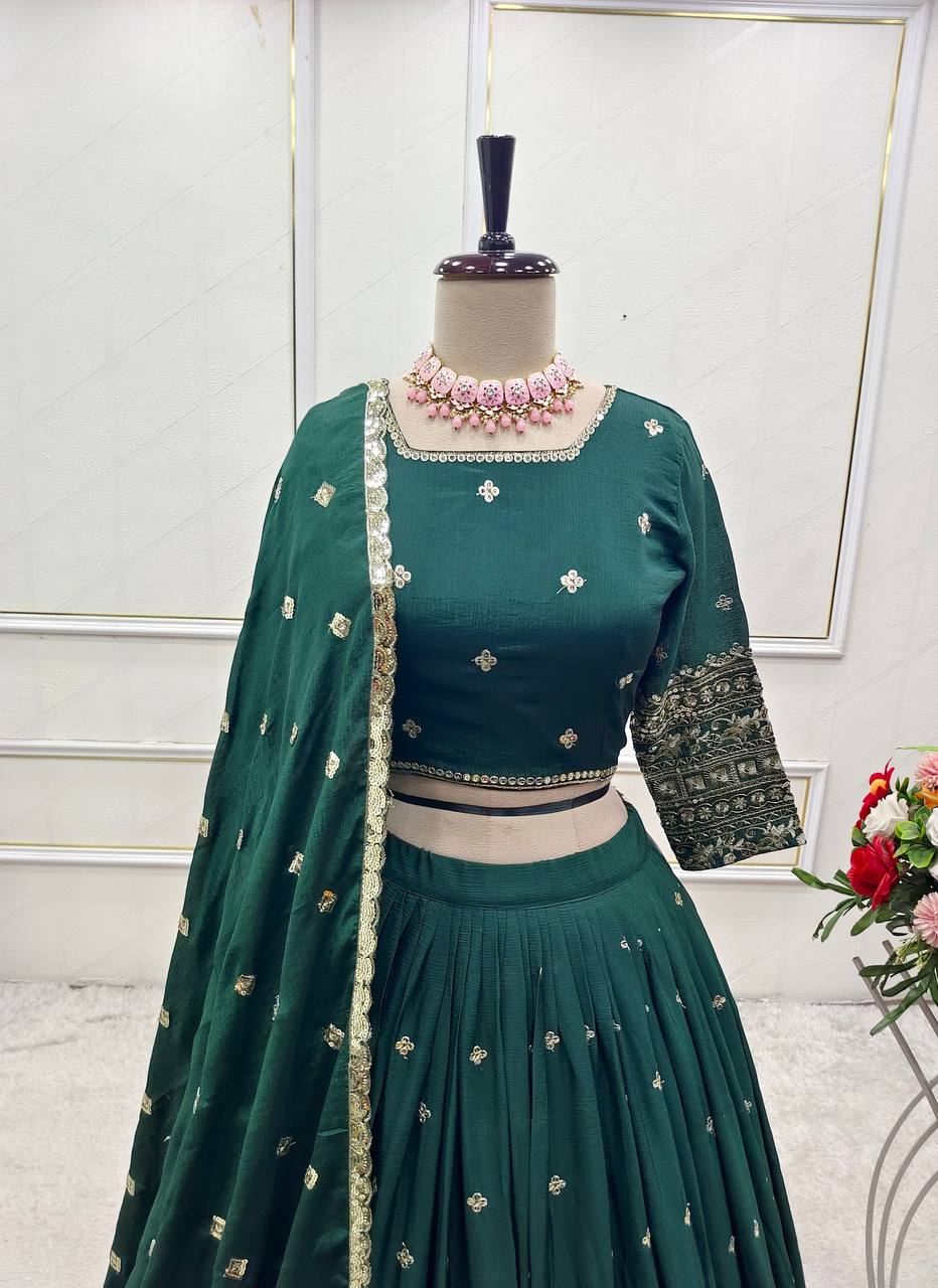 Exclusive Green Color Pure Chinon Silk With Heavy Embroidery With Sequence Work Lehenga Choli