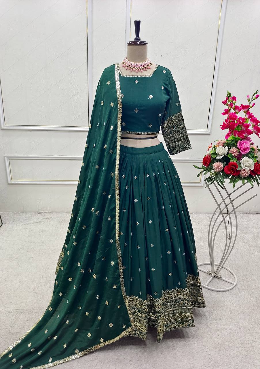 Exclusive Green Color Pure Chinon Silk With Heavy Embroidery With Sequence Work Lehenga Choli