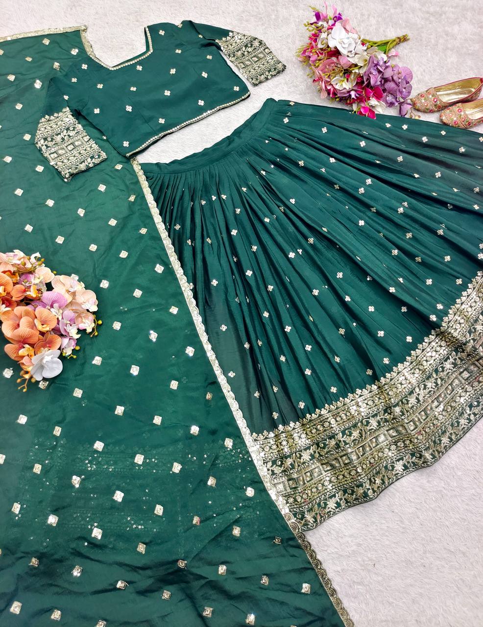 Exclusive Green Color Pure Chinon Silk With Heavy Embroidery With Sequence Work Lehenga Choli