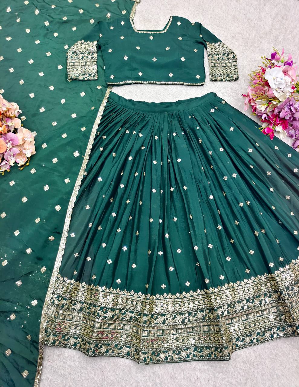 Exclusive Green Color Pure Chinon Silk With Heavy Embroidery With Sequence Work Lehenga Choli