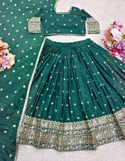 Exclusive Green Color Pure Chinon Silk With Heavy Embroidery With Sequence Work Lehenga Choli