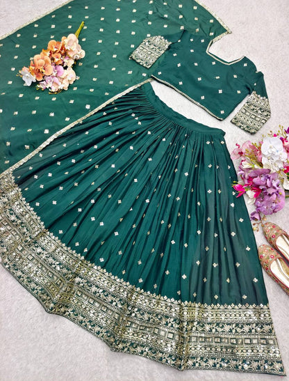 Exclusive Green Color Pure Chinon Silk With Heavy Embroidery With Sequence Work Lehenga Choli
