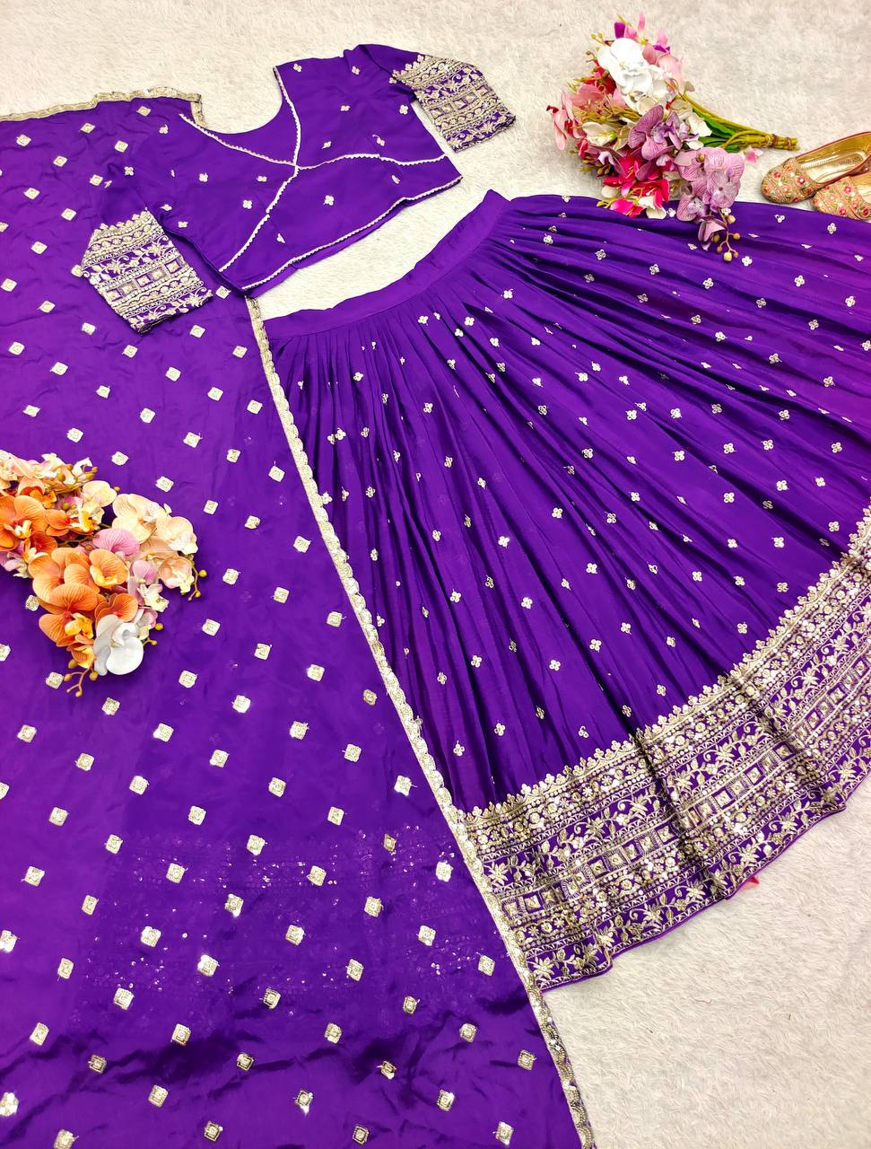 Exclusive Purple Color Pure Chinon Silk With Heavy Embroidery With Sequence Work Lehenga Choli