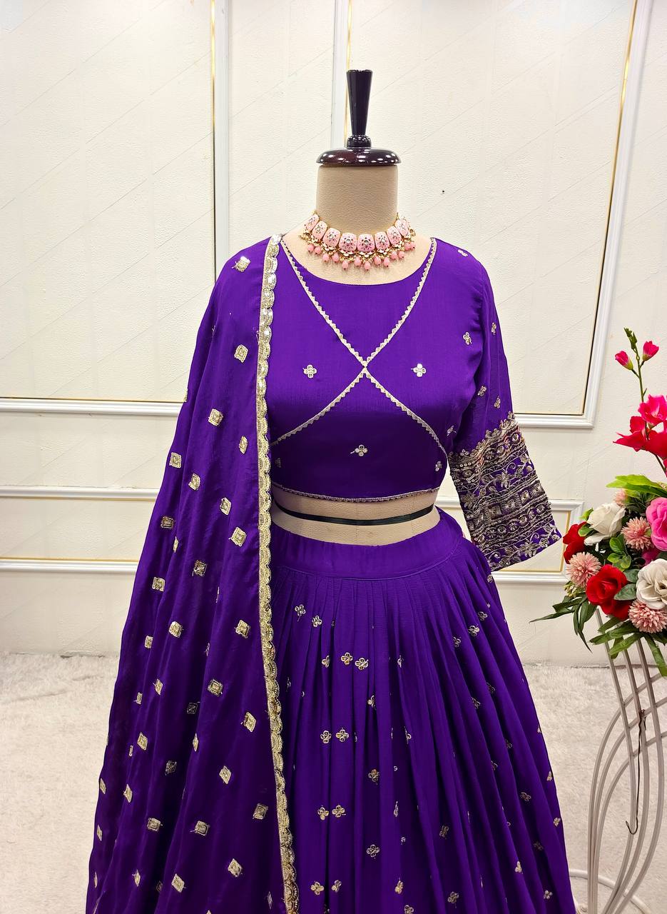 Exclusive Purple Color Pure Chinon Silk With Heavy Embroidery With Sequence Work Lehenga Choli