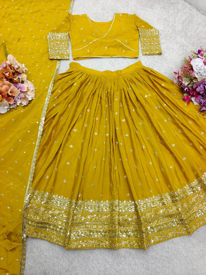 Exclusive Yellow Color Pure Chinon Silk With Heavy Embroidery With Sequence Work Lehenga Choli