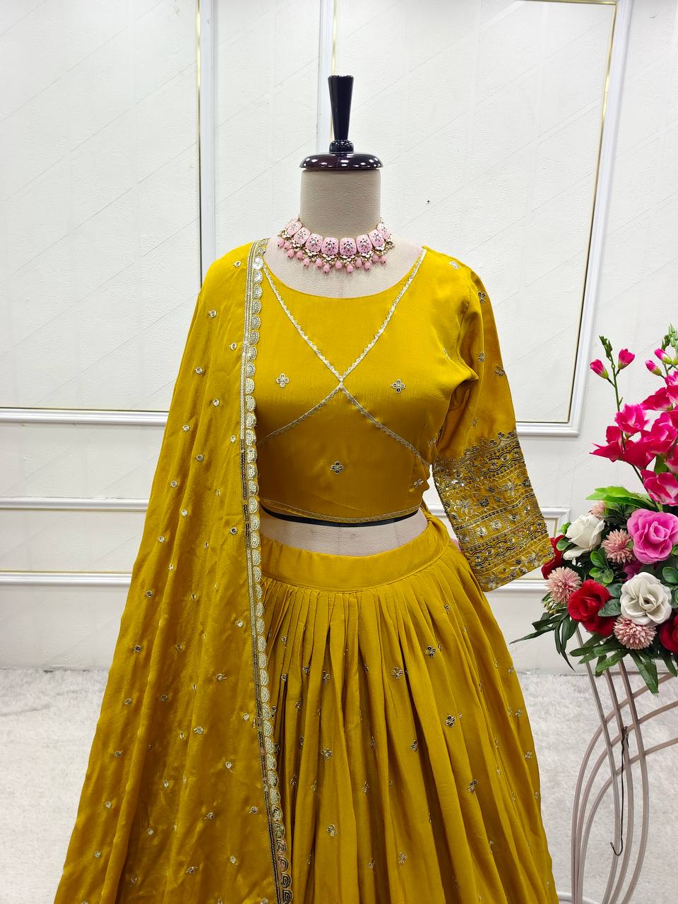 Exclusive Yellow Color Pure Chinon Silk With Heavy Embroidery With Sequence Work Lehenga Choli
