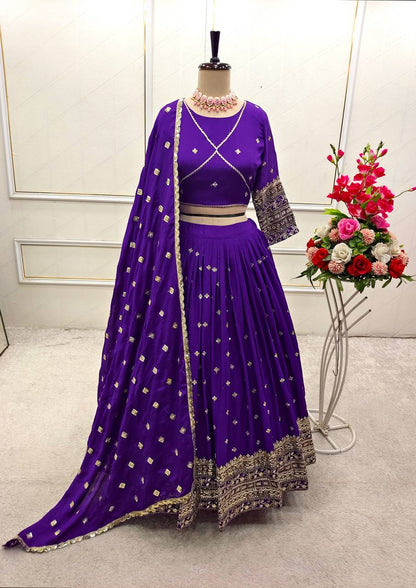 Exclusive Purple Color Pure Chinon Silk With Heavy Embroidery With Sequence Work Lehenga Choli
