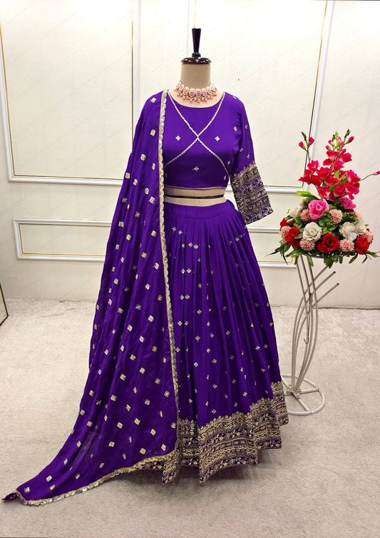 Exclusive Purple Color Pure Chinon Silk With Heavy Embroidery With Sequence Work Lehenga Choli