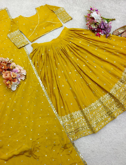 Exclusive Yellow Color Pure Chinon Silk With Heavy Embroidery With Sequence Work Lehenga Choli