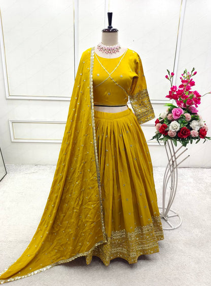 Exclusive Yellow Color Pure Chinon Silk With Heavy Embroidery With Sequence Work Lehenga Choli
