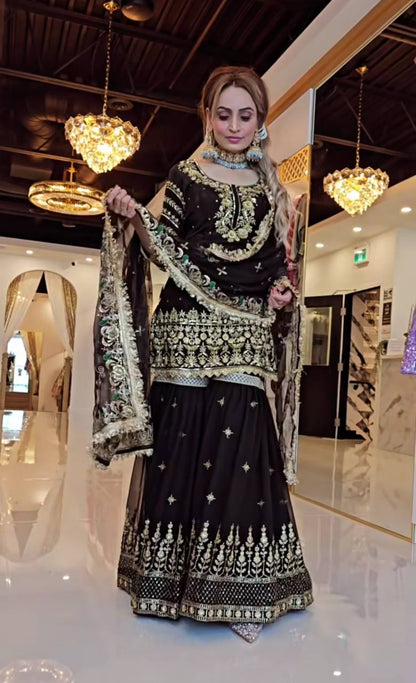 Heavy Embroidered Black Color Sharara Palazzo Suit with Dupatta
